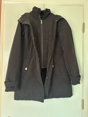 Black Women’s Hooded Trench Coat with Inner Zip Layer